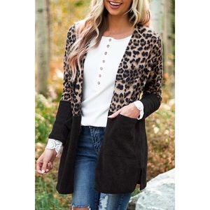 Black Leopard Print Patchwork Pocket Cardigan
